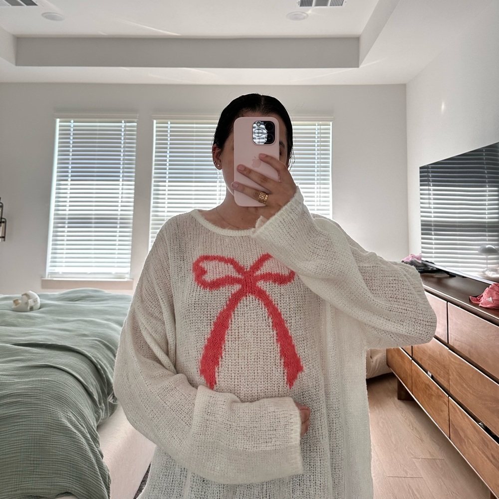 Miss Selfridge bow front knit oversized sweater in cream